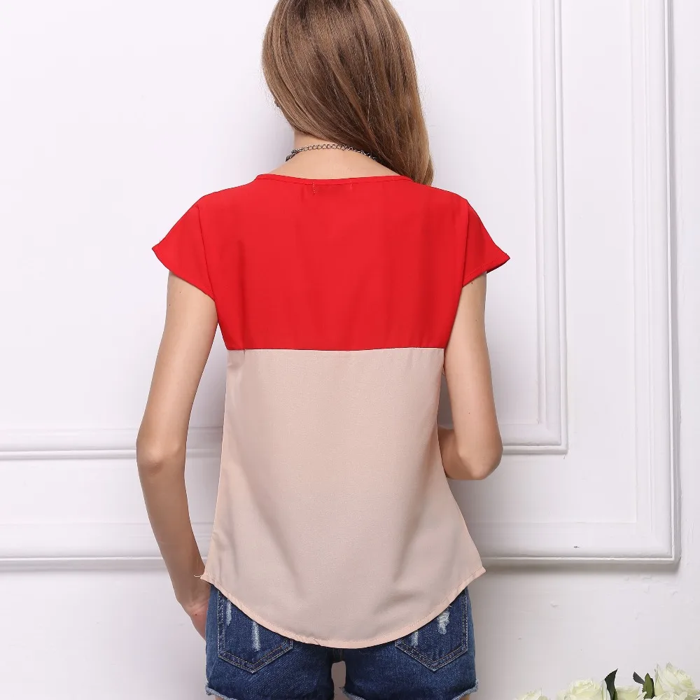 2015 Summer Style Women Chiffon Blouse Shirts Blusas Red Short Sleeve Shirt Feminina Blusa Patchwork Camisa Tops LY1362MR |