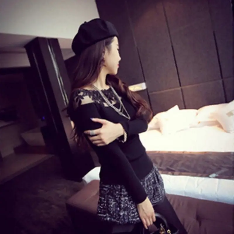 2017 Женщин Футболки Стрейч Цветочные Кружева Лоскутная О Шеи Длинным Рукавом Slim Fit