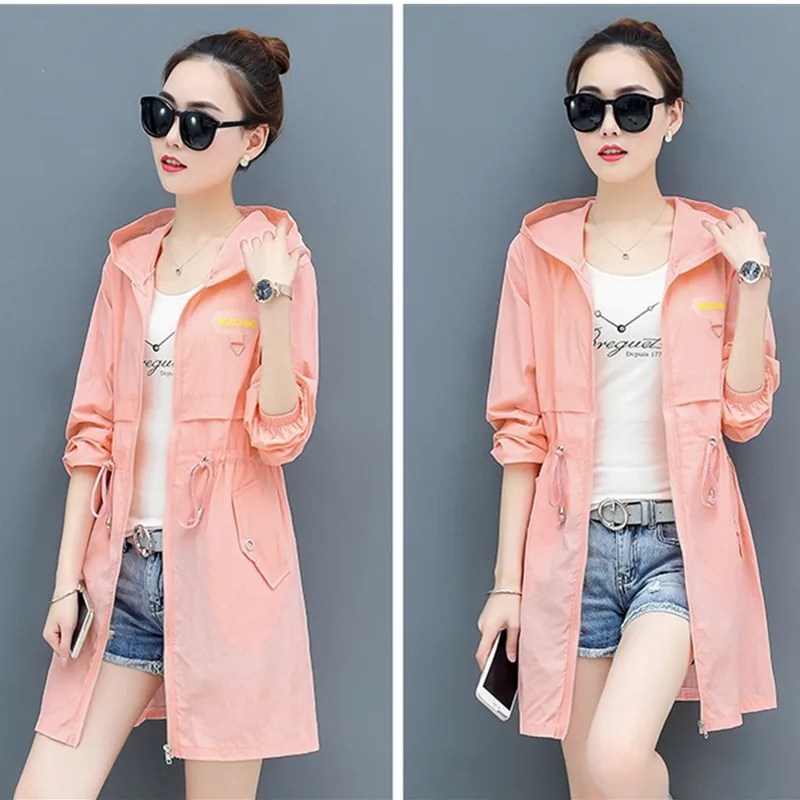 

UHYTGF Fashion loose plus size tops coats Hooded thin summer Sun protection clothing Medium-long student Slim Women's coats 1431
