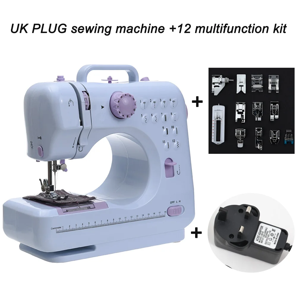 UK with 12 kit Fanghua мини 12 стежков швейная машина бытовая многофункциональная двойная нить и скорость свободной руки крафт машина для починки светодиодный - Цвет: UK with 12 kit