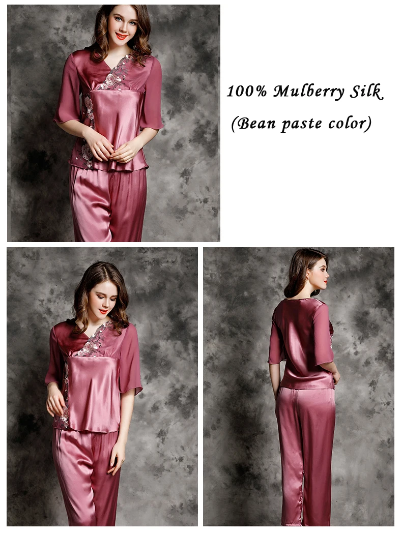 Real Silk Women fashion Pajama Pants Sets half sleeves red v-neck with lace embrodecoration Lounge Set full sleeve pajama2pc set