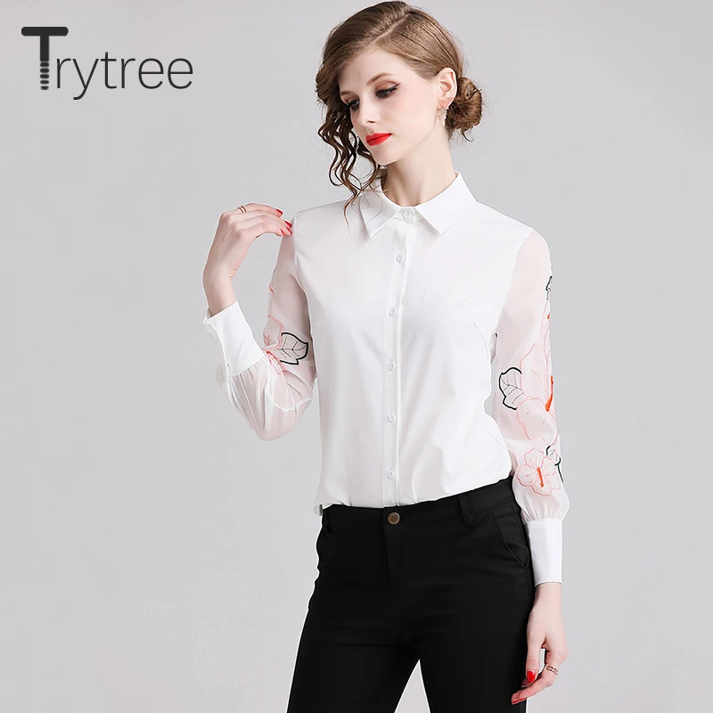 Trytree лето осень женская блузка Повседневная Вышивка рукава полиэстер рубашка