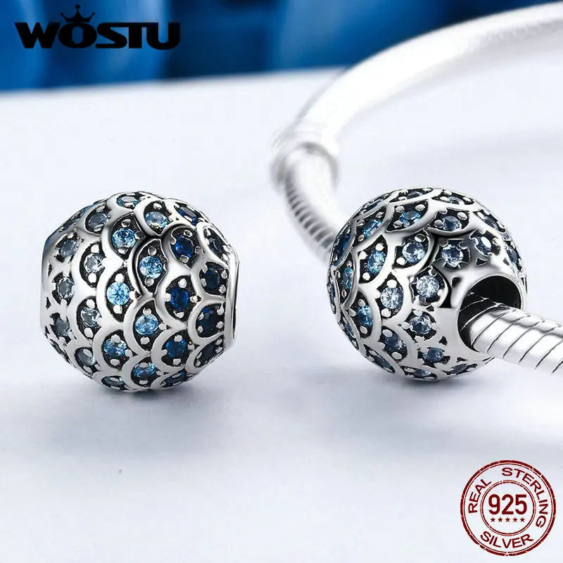 WOSTU настоящая 925 пробы Серебряная Дочь моря синие Бусины CZ подходят к