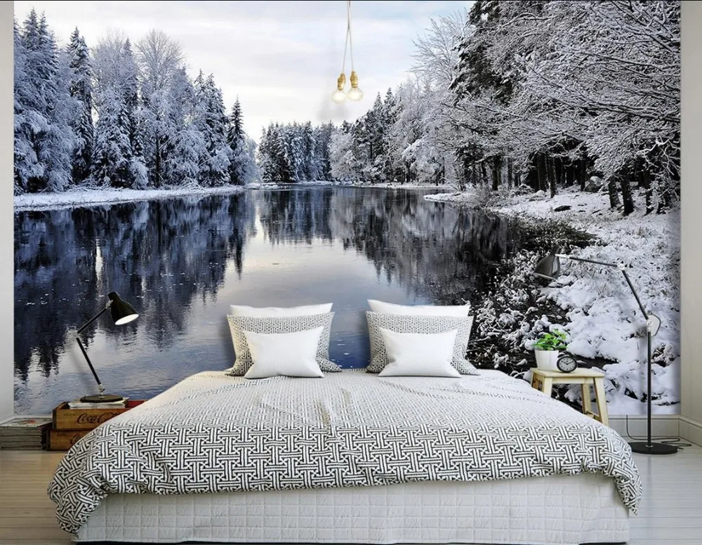 Озёр и Снежный лес пейзаж фон 3d обои фрески для гостиной|landscape backdrops|wallpapers for living