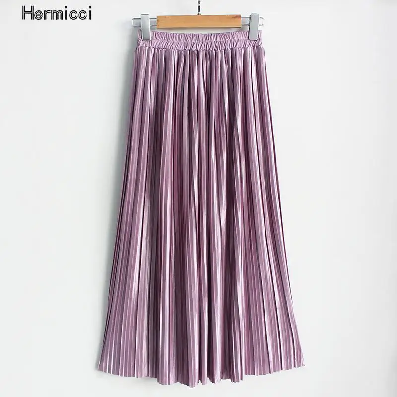 Hermicci 2022 Fashion Skirts Summer Pleated Long Skirts Women Metallic Midi Skirts Faldas Largas Mujer