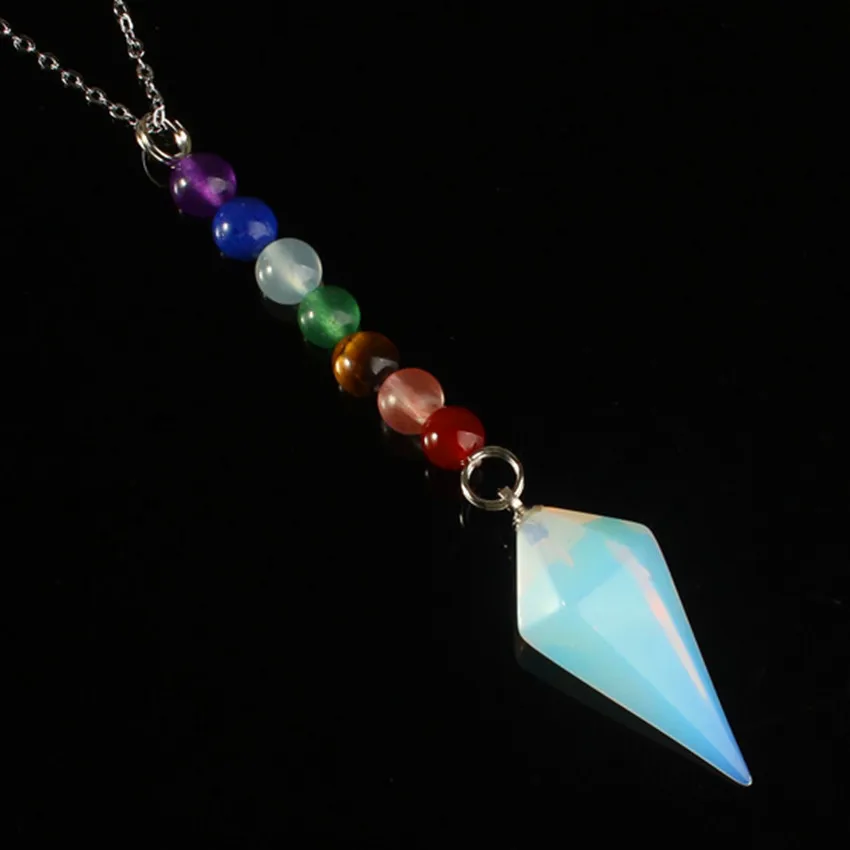 

100-Unique 1 Pcs Silver Plated Hexagonal Pyramid Stone Opalite Opal Pendant Link Chain Necklace Fashion Jewelry