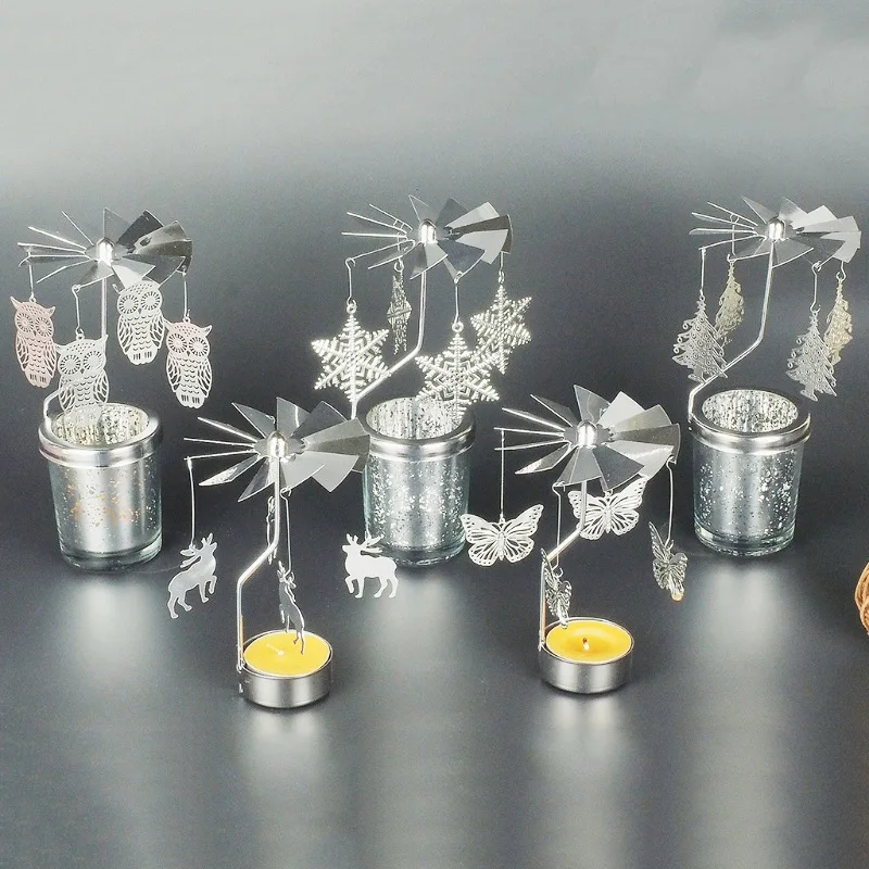 Home Christmas Decoration New Romantic Rotary Spinning Tealight Candle Metal Tea Light Holder Carousel