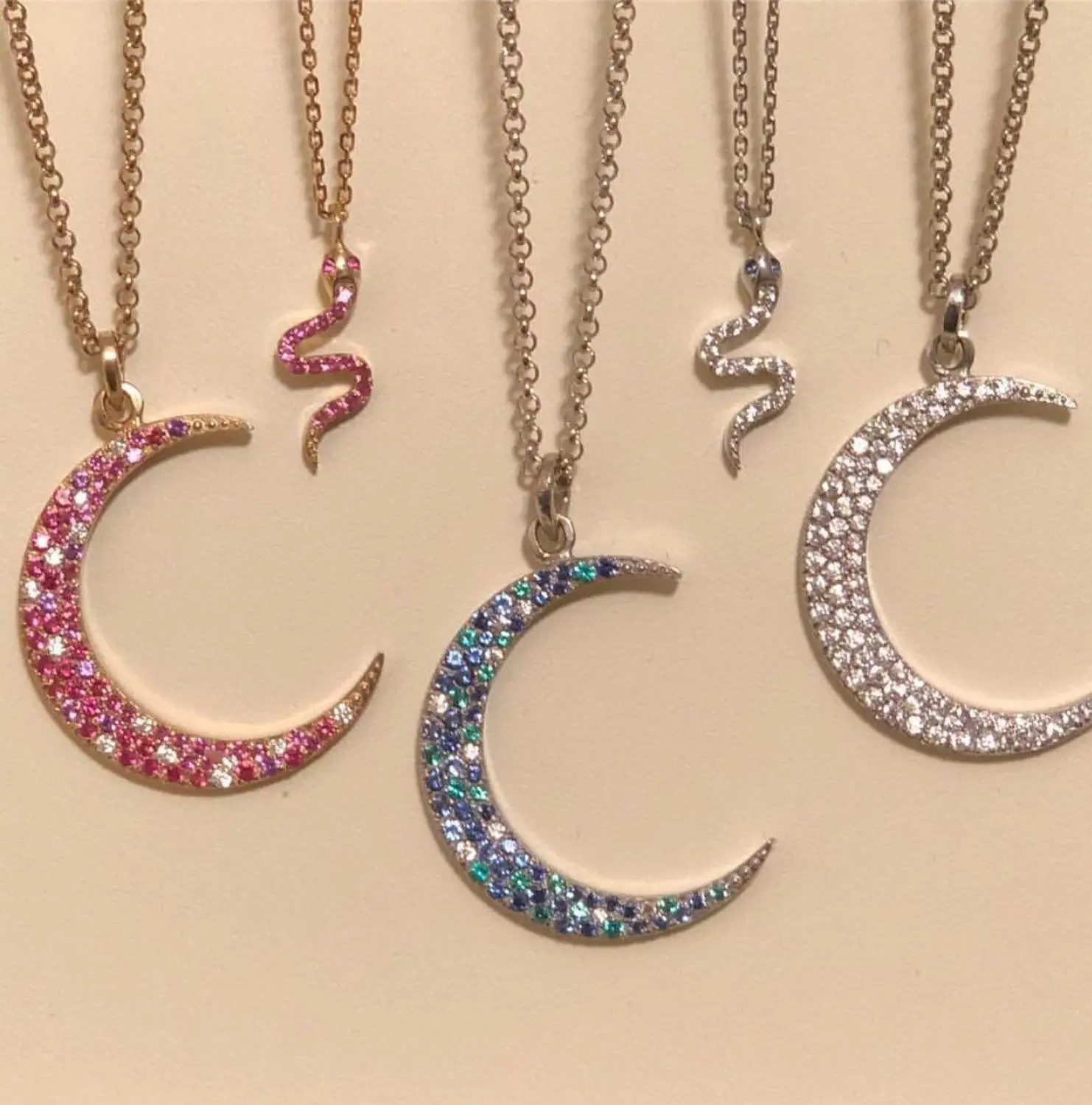 

pastel pink pinky colorful crescent moon pendant necklace Rose gold color fashion women collar chain