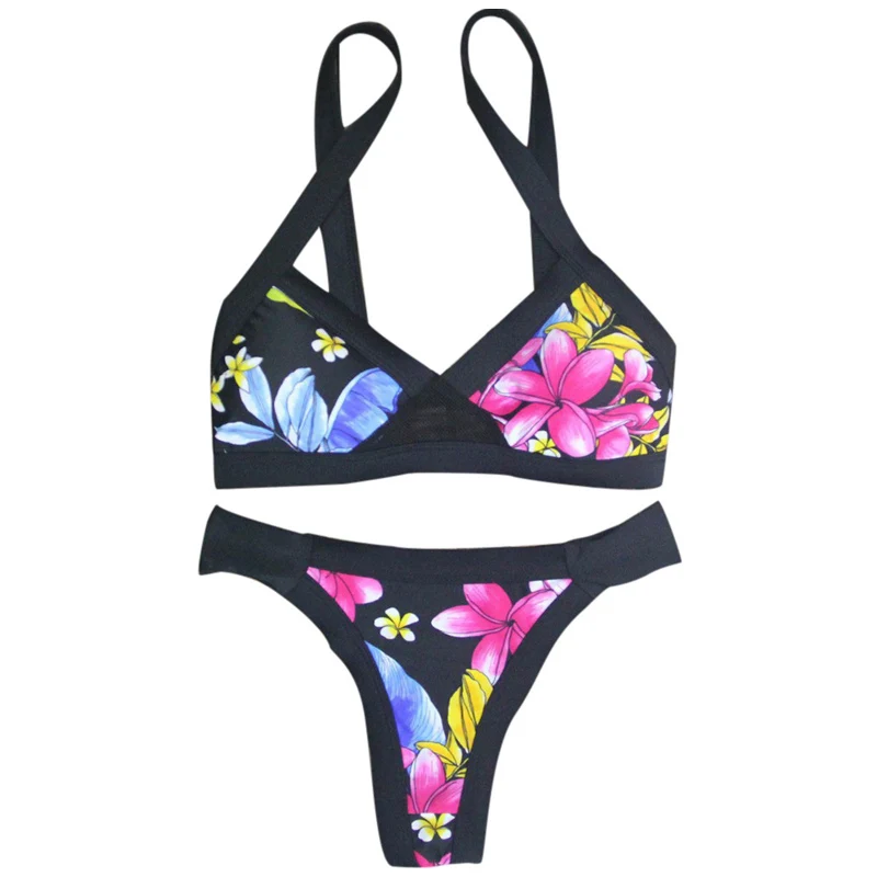 Black Floral Printed Swimwear Women 2017 Hot Mesh Patchwork Swimsuit Female Low Waist Bikinis Set Summer Brazilian Bathing Suits |