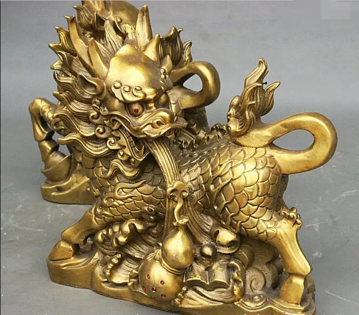 10 &quotКитайский Фэншуй Чистая Латунь Дракон Kylin Единорог Косы RuYi Тыква Статуя Пара
