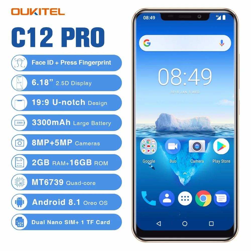 OUKITEL C12 Pro 6 18 &quot19:9 Android 8 1 мобильный телефон MT6739 четырехъядерный 2G RAM 16G ROM отпечаток