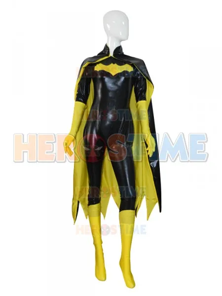 Женский костюм супергероя Batgirl блестящий черного и желтого цвета на Хэллоуин для