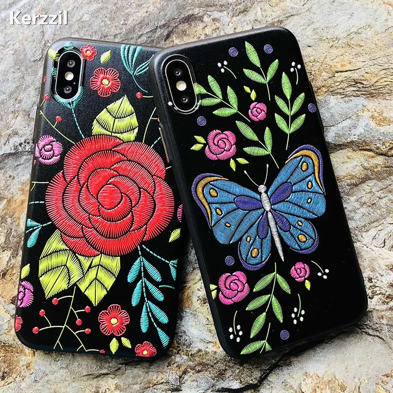 Kerzzil For iPhone 7 Plus Embroidery Rose Flower Butterfly Phone Case Soft TPU Silicon Cases Cover X 8 6 6s |