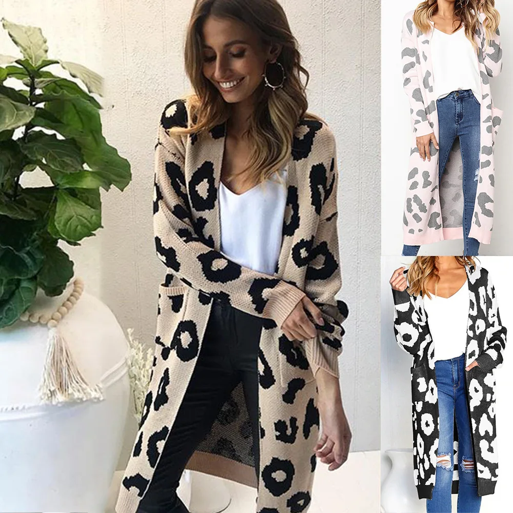 Leopard print knitting long cardigan women 2018 Autumn winter sweater female Pockets split feminino outwear |