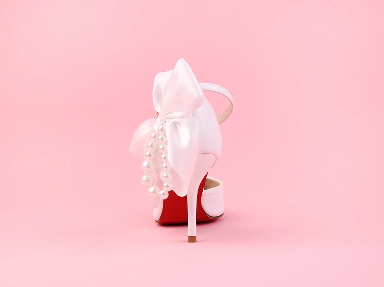 

2017 New Beautiful White 9cmPearl Pointed High Heeled Wedding Shoes Satin Bow Bride Shoes Sandals Wristband Sweet Women Shoes