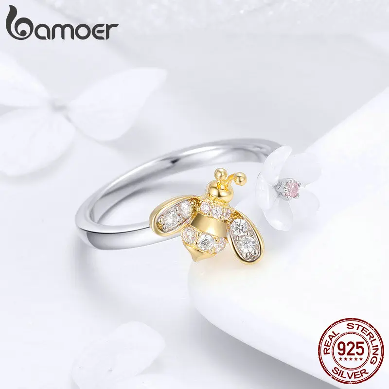 Женское серебряное кольцо BAMOER Bee из стерлингового серебра 925 пробы с кристаллами
