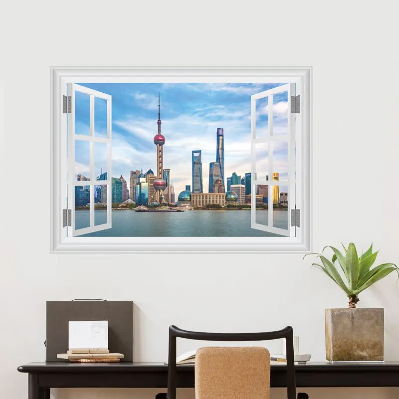 Oriental Pearl Tower 3d поддельные наклейки окна стены Гостиная Украшения в спальню