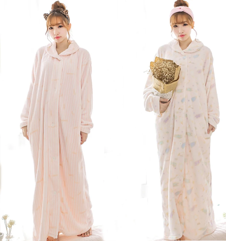 

Flannel nightgown women plus long 130cm cute autumn and winter girls thick coral fleece nightdress long-sleeved bathrobe
