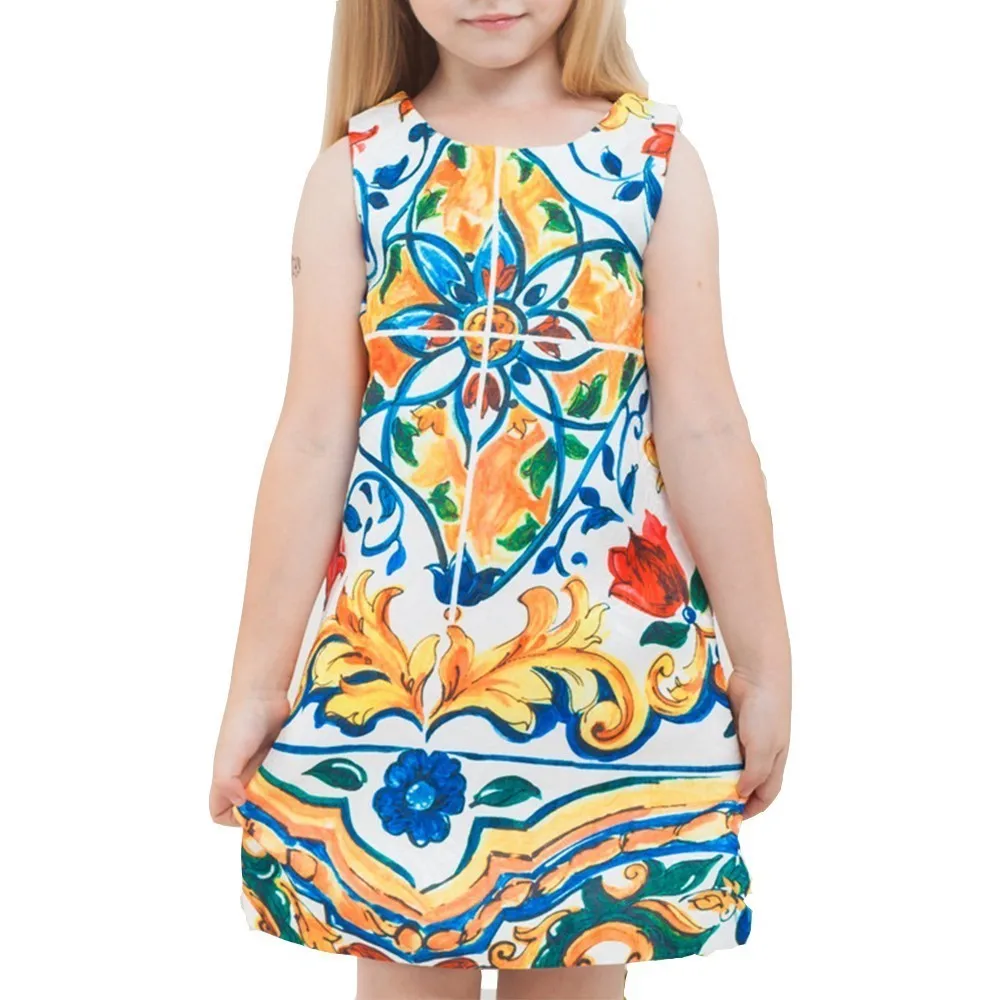 LEQEMAO Summer Girl Kids Dress Sleeveless Children's Clothing Dresses Baby Casual Style Digital Print Colored Vest | Детская одежда