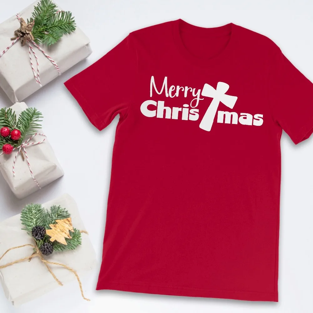 

Merry Christmas cross t-shirt street style women fashion unisex Christian holiday party shirt graphic aesthetic cotton tees top