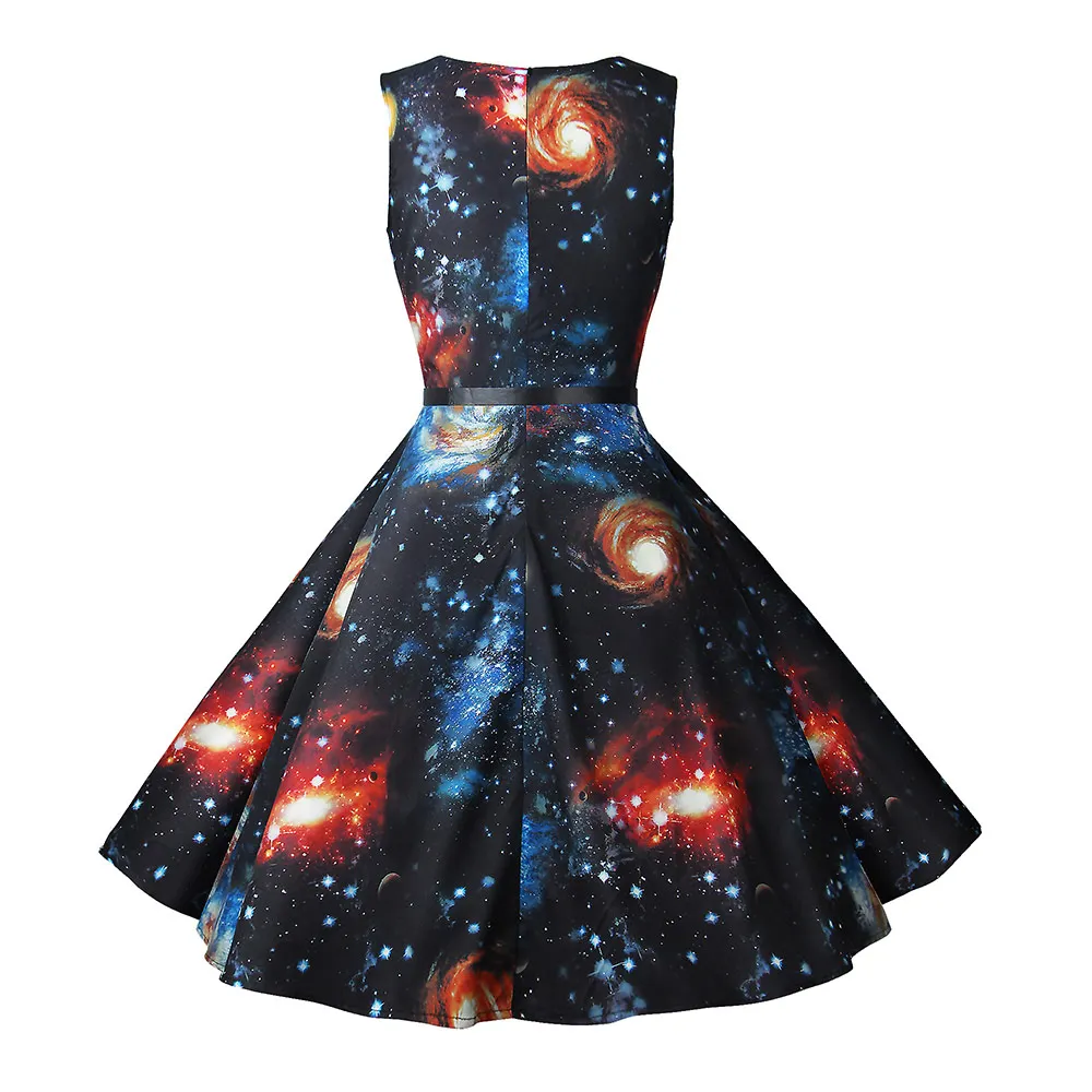 Summer Dress Women New Planet Print Vintage With Belt Sleeveless Elegant Lace Party Retro 50s 60s Country Dresses Sundress | Женская