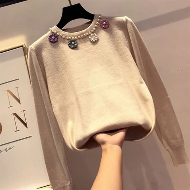 2019 зимний свитер и пуловеры с бусинами Женский вязаный жемчужинами цветами