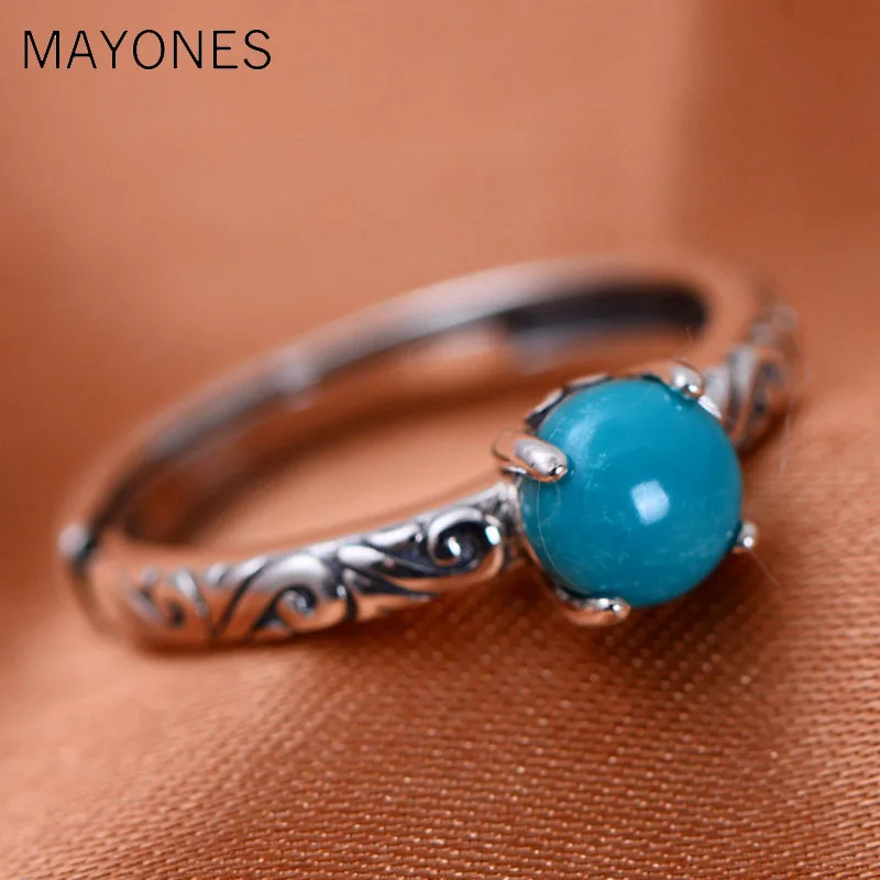 

100% Real 925 Sterling Silver Rings For Women Claws Setting Turquoises Stone Opening Ring Free Shipping