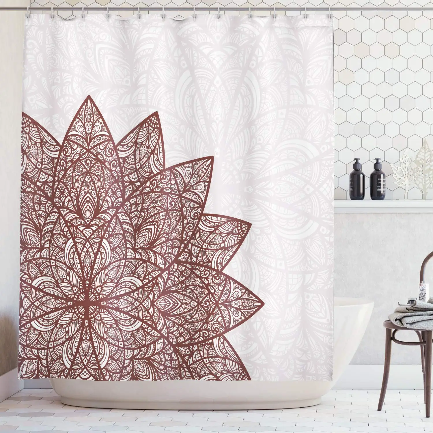 

Ethnic Arabesque Floral Figure Mandala Middle Eastern Stylized Swirled Lines Art Print Pearl Burgundy