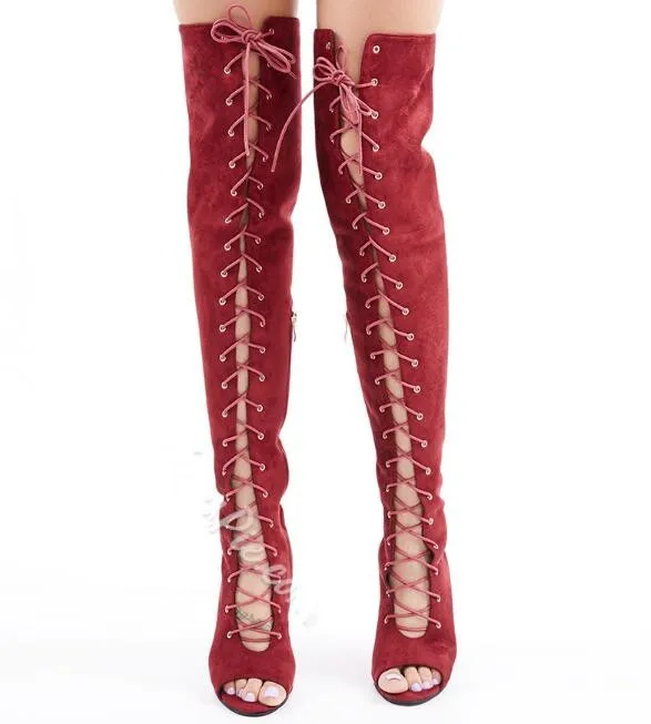 Red lace up thigh high boots spring autumn peep toe stiletto heels cross-tied over the knee woman gladiator sandal | Обувь