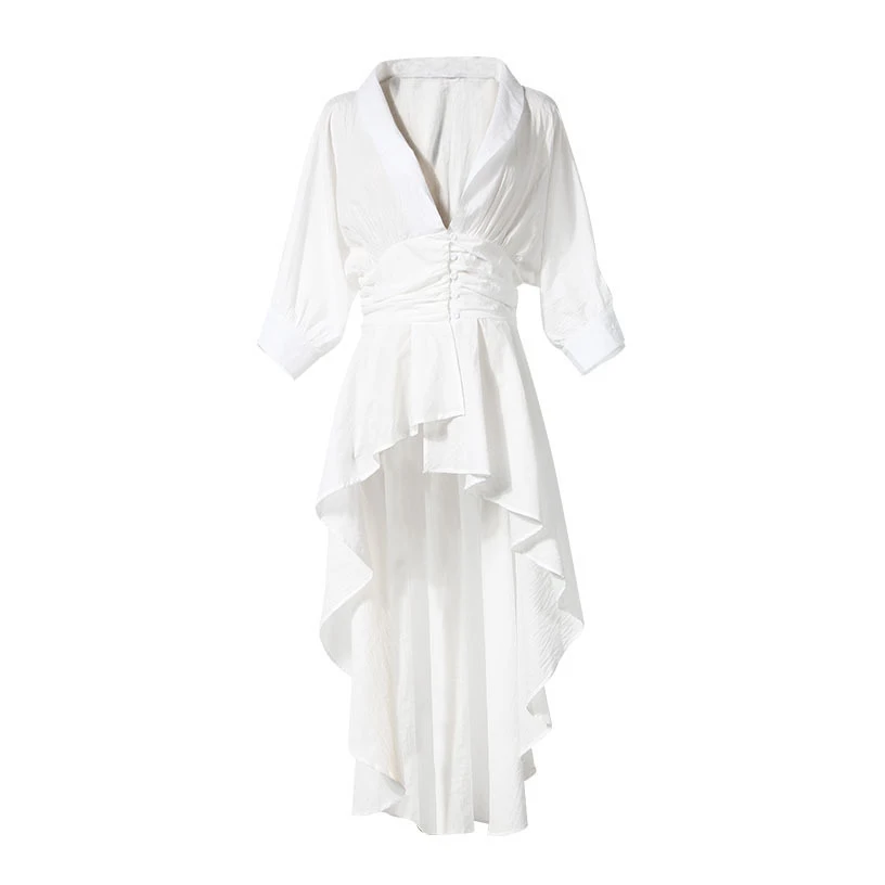 Дизайнер асимметричный блузка Для женщин рюшами Flounce Top Resort Boho хлопок империи