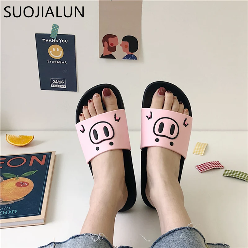 SUOJIALUN/милые женские шлепанцы с рисунком поросенка Модные летние милые