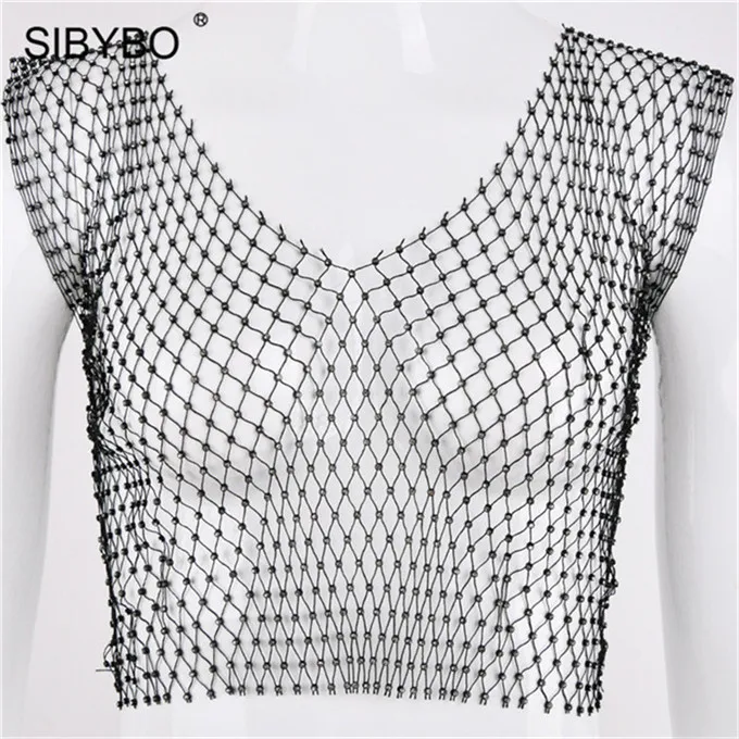 Black V-Neck Женский укороченный топ в сеточку Sibybo, открытая майка без рукавов, пляжная футболка с бриллиантами, короткая камисоль для ночного клуба и вечеринок летом - Цвет: Black V-Neck