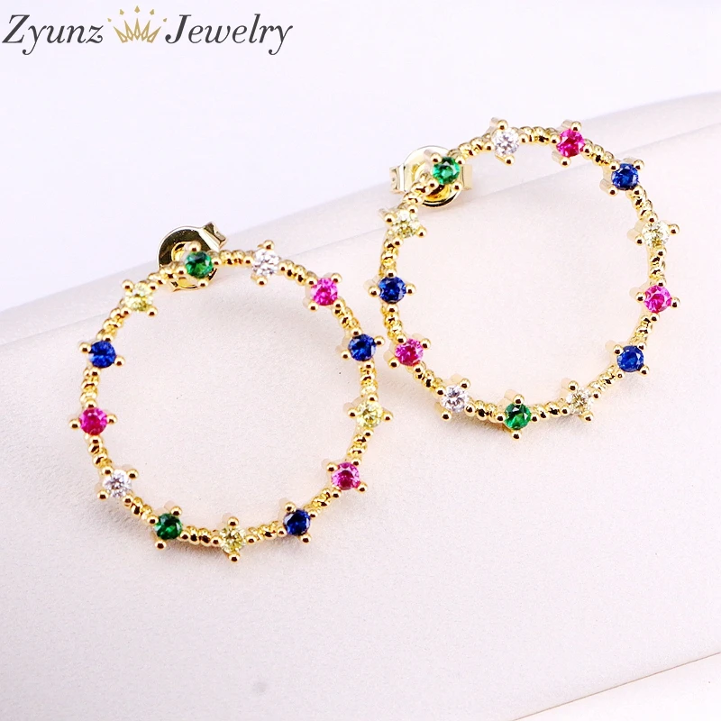 10Pairs, NEW fashion Crystal Round Circle Earrings Rainbow CZ Micro Pave Zirconia Open Round Stud