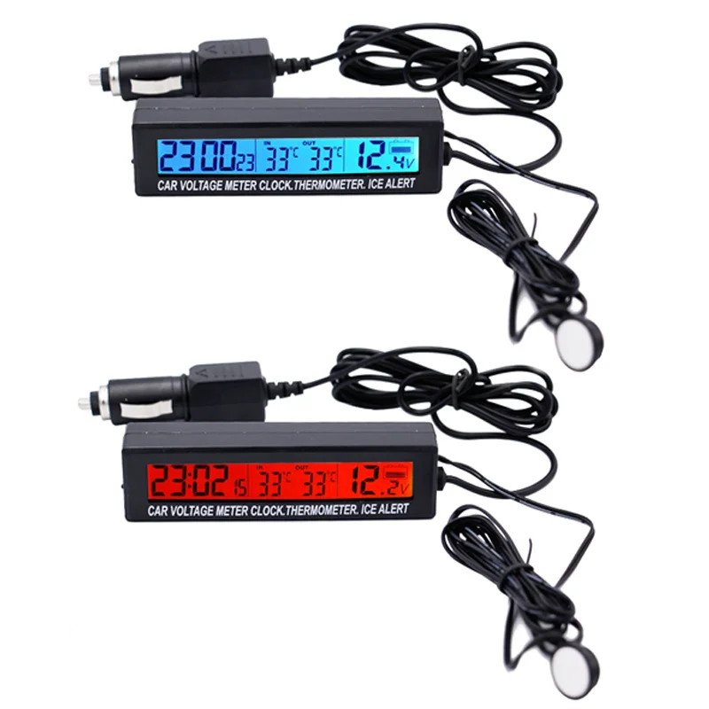 3 in1 Digital Car Thermometer Voltmeter Auto Indoor Outdoor Temperature Voltage Meter Alarm Clock  Blue Orange Backlight 40%off