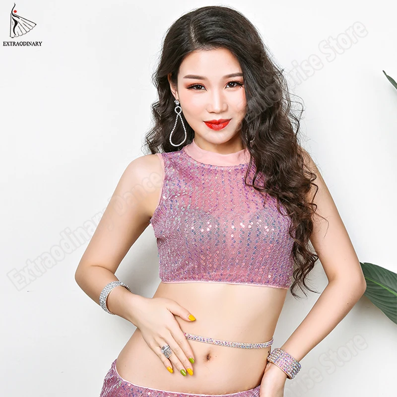 Женский топ для танца живота профессиональный розовый костюм из 2 предметов с