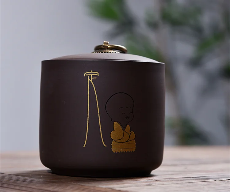 Traditional Purple Clay Ceramic Tea Jar Kitchen Storage Jars Sugar bowl Little Monk Pattern Storage Containers Home Decor Art