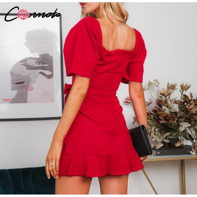 Conmoto Сексуальные короткие платья для вечеринок, облегающие платья, однотонное красное летнее платье в стиле ретро, пляжное короткое платье