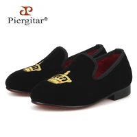 piergitar new kid velvet shoes with gold crown embroidery handmade children slippers birthday party kid loafers daily kids flat