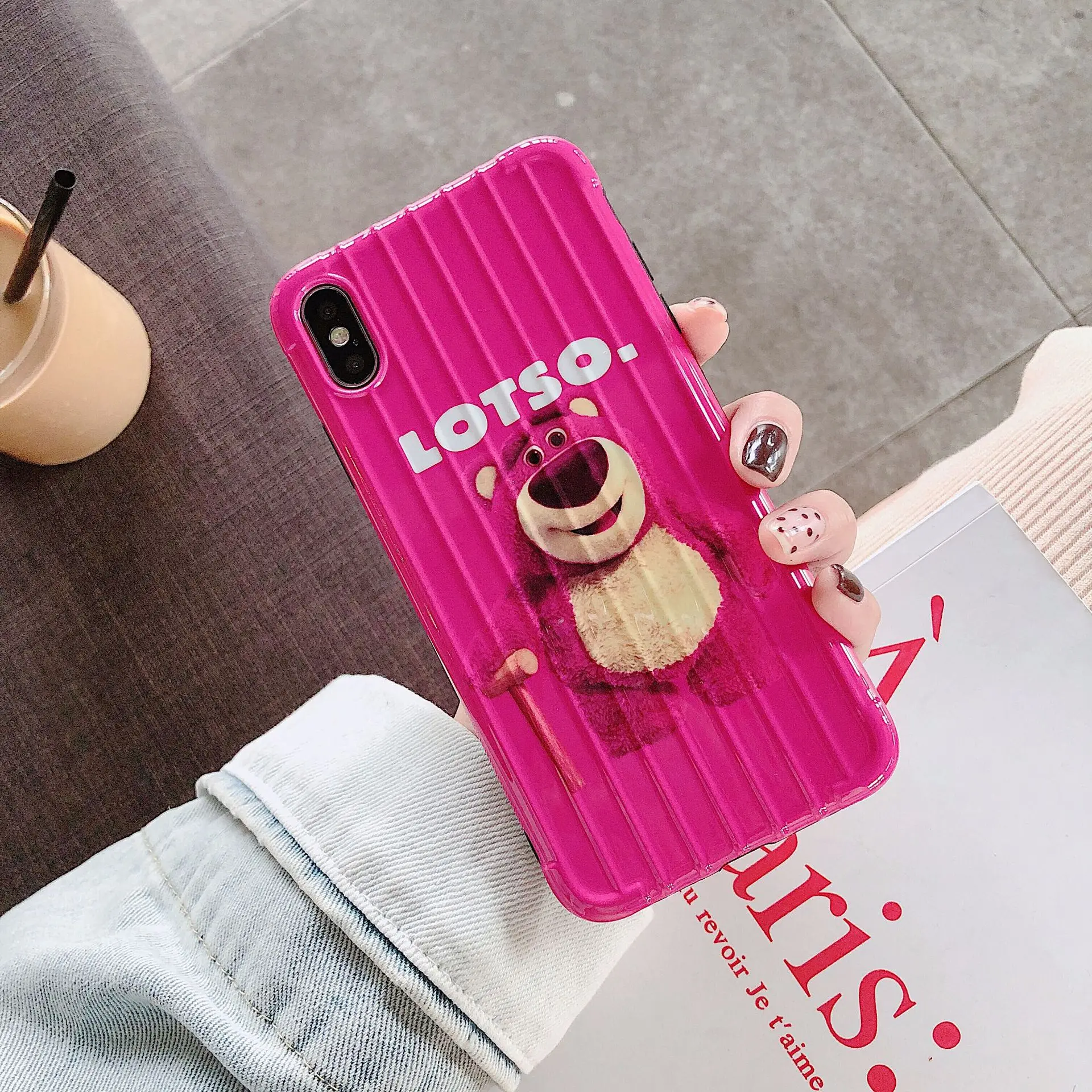 Luxury Glossy IMD Soft Silicone Cover for iPhone case 7 8 Plus X 10 XS Max XR 6 6S Cute Cartoon Strawberry bear Hot Pink Let go |