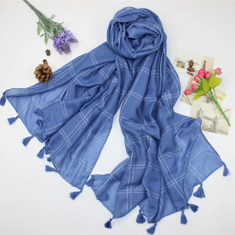 Новый принт чистый цвет двусторонняя сетка кисточки мусульманский хиджаб шарф