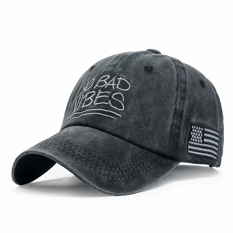 Черный Унисекс Топ Высокое качество NO Bad Vibes 3D вышитые Бейсбол Кепки промывают хлопок американский флаг Кепки - Цвет: Черный