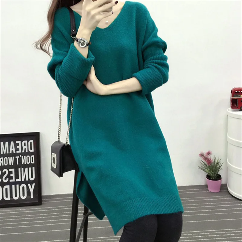 

Women Sweater Plus Size Knitted Cotton High Street Striped Fashion Female Solid Oversize Split Winter European Pullover