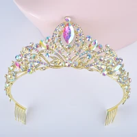gold ab color wedding hair tiara for bride crystal rhinestones women crowns with comb bridal headpiece hair jewelry diadema