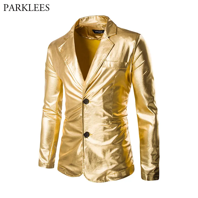 

Mens Gold Notched Lapel Metallic Blazer Slim Fit Single Breasted Blazers and Suit Jackets Men Nightclub Prom Tin Man Costume 2XL