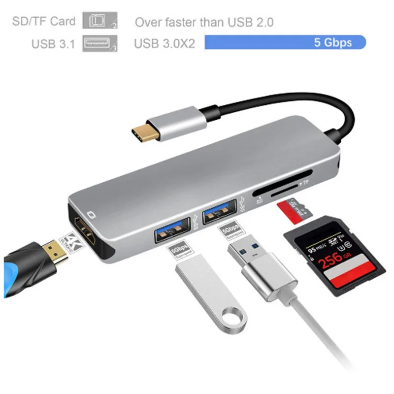 Superspeed USB 3.0 Port HD SD/TF Card Reader 5 in 1 Type C USB-C to HDMI 4K Converter Hab for MacBook Pro 3.1 Hub | Электроника