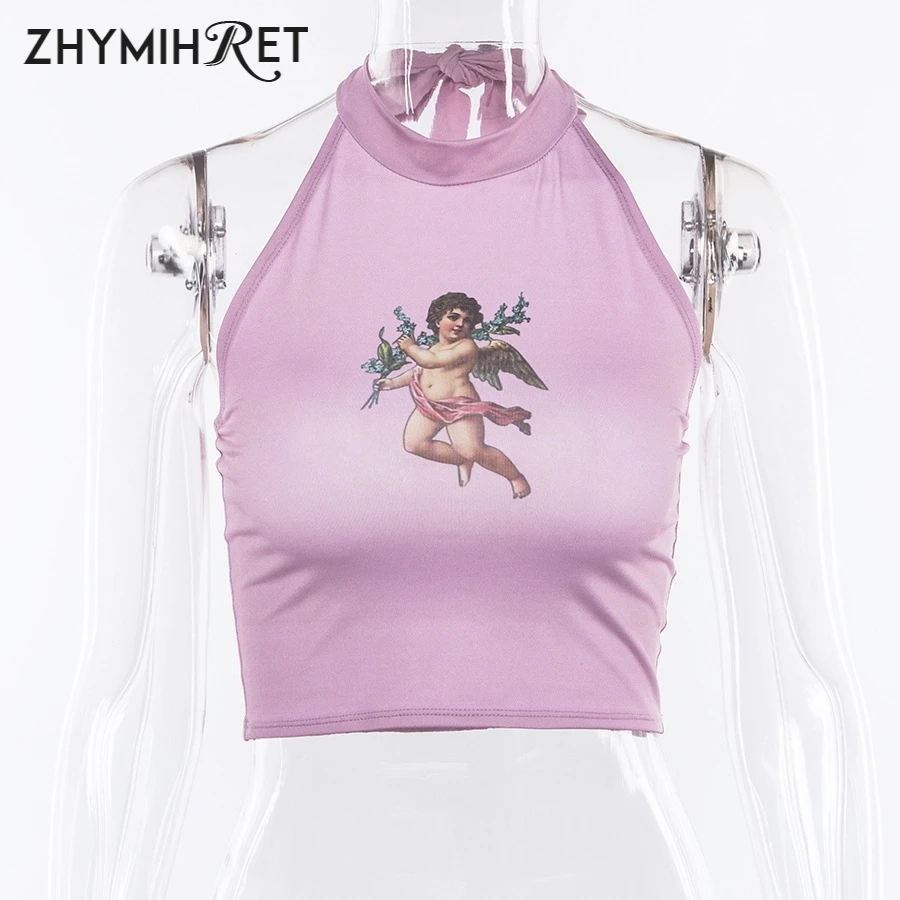 ZHYMIHRET Kwaii Angel принтованные укороченные топы на бретельках Женские розовые майки с