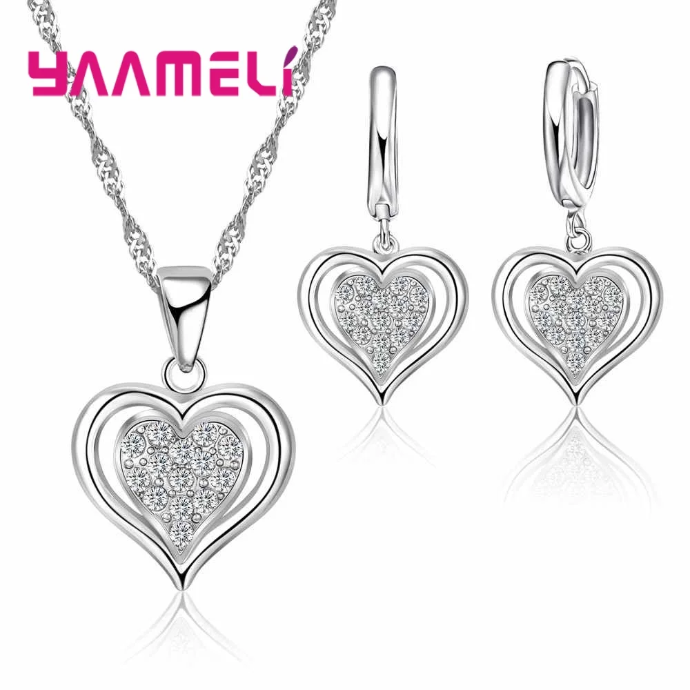 

Latest 925 Sterling Silver Heart Jewelry Sets For Ladies Gifts Sweet Double Hearts Necklace Earrings Wholesale