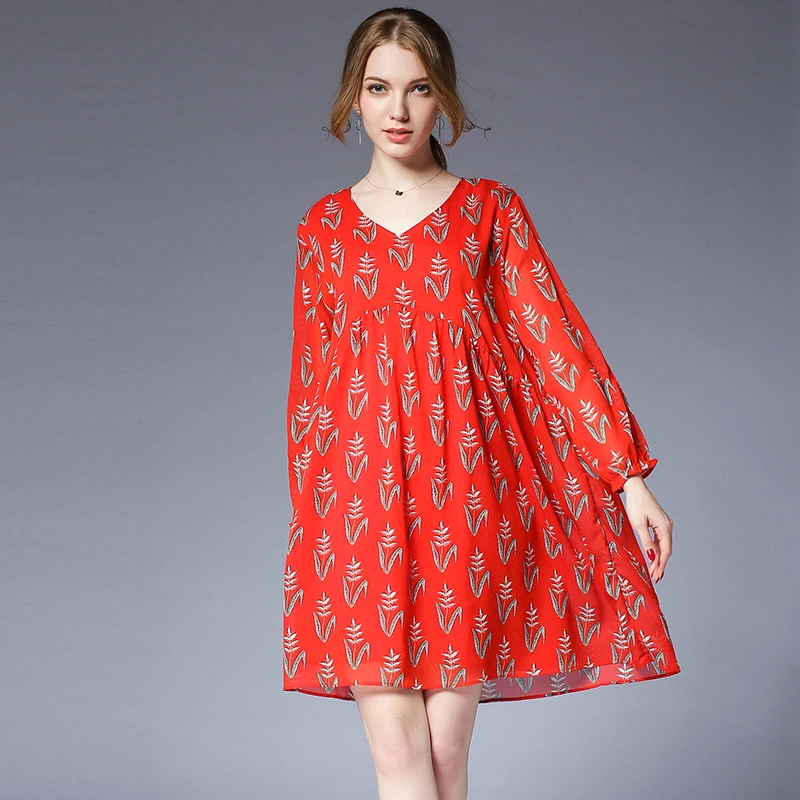 

Womens casual loose Elegant dress Plus size dresses high waist V-neck Chiffon Floral long sleeve mini dress oversize XL -4XL