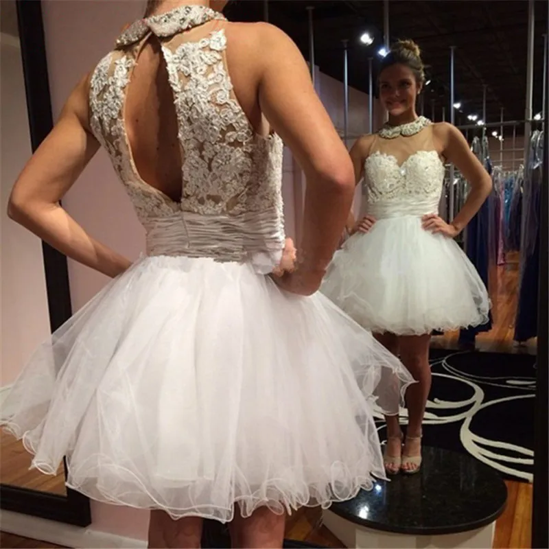 Новые Аппликации Кружева Высокий Воротник Короткие Платье Для Коктейля Рукавов