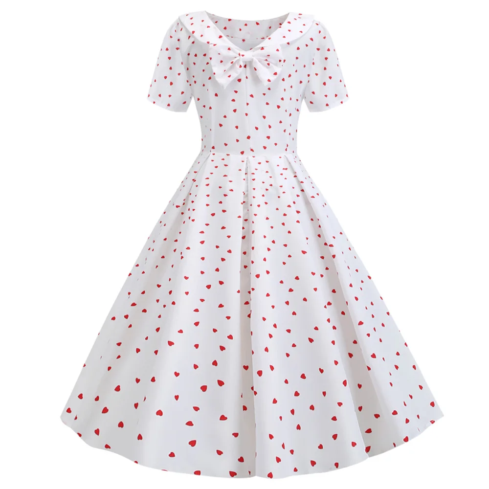 Женское винтажное платье с коротким рукавом круглым вырезом и бантом на спине |